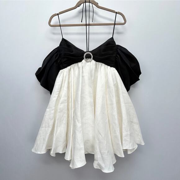 NWT Rasario Linen Off Shoulder Mini Dress, Black/White/Crystal, FR36/US4 - Picture 5 of 14